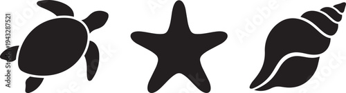 Marine life silhouettes: sea turtle, starfish, and conch shell vector illustration