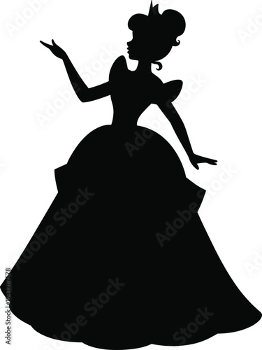 Black silhouette of a princess in a ball gown with a crown on white background Keywords: princess silhouette, princess, crown