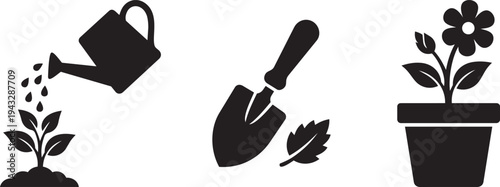 Gardening tools and plants vector icons set