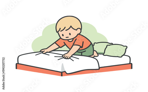 Light child smooths bed sheets with both hands, tugging corners flat as pillows wait nearby on a simple bed frame quietly now yep