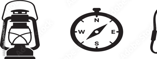 Camping and adventure icons: lantern, compass, and carabiner clip vector illustration