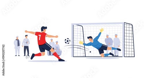 Soccer player in red uniform kicks ball towards goal defended by diving goalkeeper