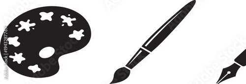 Artist tools vector icons: paint palette, paintbrush, and fountain pen nib graphic design