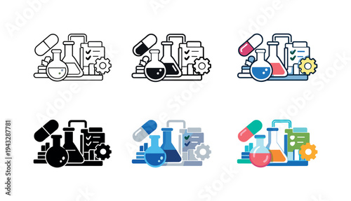 Pharmaceutical manufacturing process icons with flasks, pills, and gears