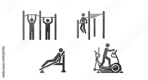 Fitness icons showing people exercising on gym equipment and bars
