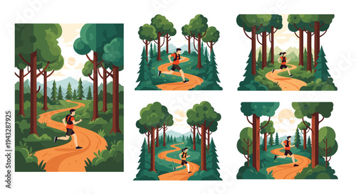 Man running on a winding forest path surrounded by lush green trees and mountains in the distance