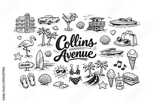 Collins Avenue iconic icons, hand drawn doodle elements set, center hand-lettered title, black & white vector line art, bold