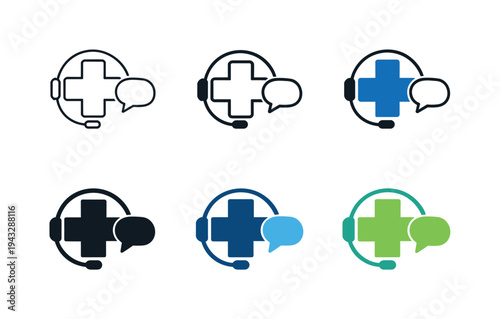 Telehealth Icon Grid. Telehealth support icon showing a medical cross with headset and speech bubble, representing healthcare