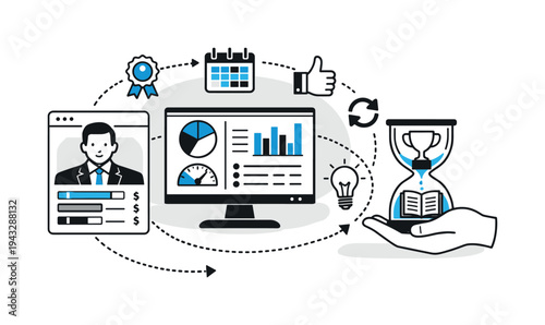 Modern minimal flat vector conceptual collage, crisp hard edges, consistent THIN outline stroke, rounded corners where needed,