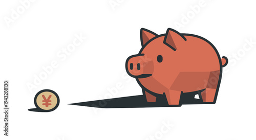 Cute piggy bank with a Japanese yen coin casting a long shadow on a white background