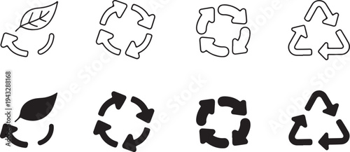 recycle badge set triangle arrows outline and solid silhouettes