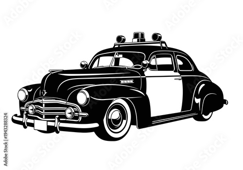 Vintage Police Patrol Car Retro Sedan Vector Silhouette Isolated on White Background