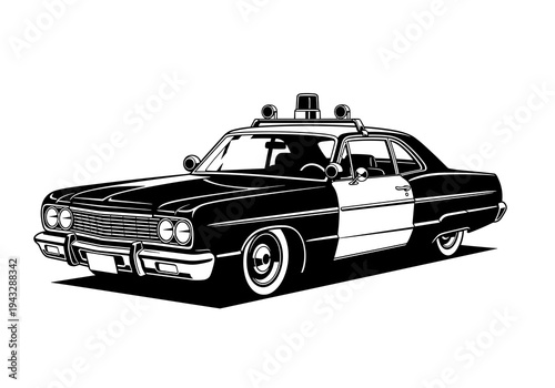 Classic Police Patrol Sedan Retro Car Vector Silhouette Isolated on White Background