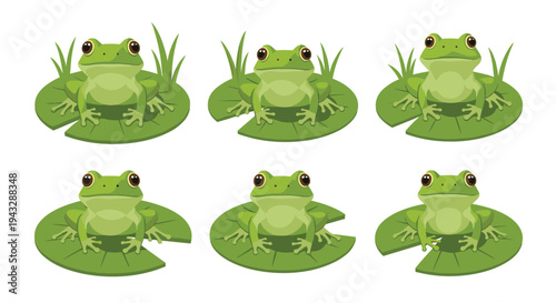 Six cute cartoon green frogs sitting on lily pads with grass in the background