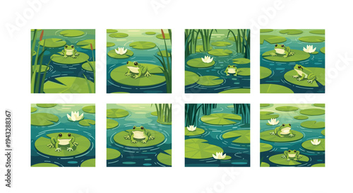 Cute cartoon frogs sitting on lily pads in a tranquil pond with water lilies