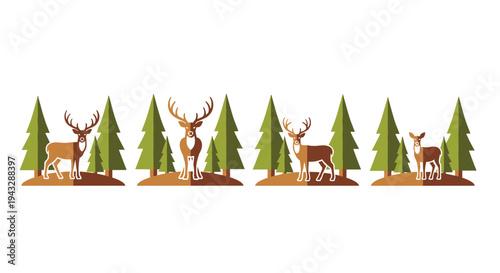 Stylized deer and pine trees in a forest landscape, a simple graphic design