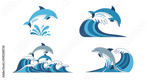Playful dolphins leaping and splashing in stylized ocean waves, vector illustration