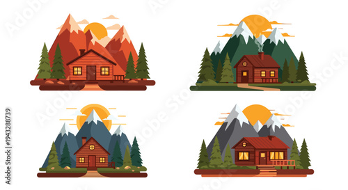 Cozy wooden cabins nestled in scenic mountain landscapes with warm sunsets