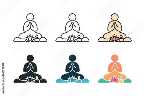 Collection of meditation icons with lotus flower and candle in various styles