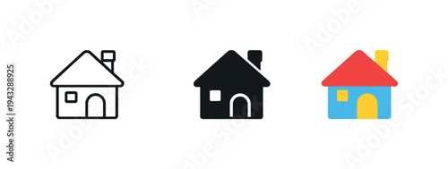 Three different house icons in outline, solid black, and colorful styles on white background