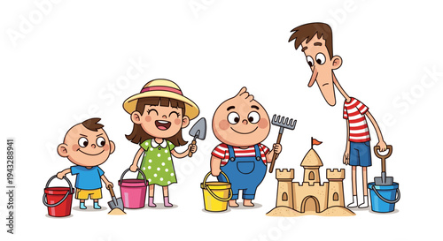 Cartoon children and adult building a sandcastle at the beach with buckets and tools