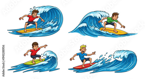 Cartoon surfers riding big ocean waves on colorful surfboards, dynamic action