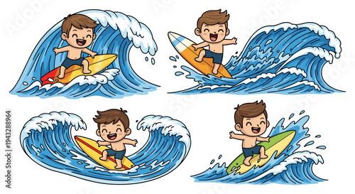 Cute cartoon boy surfing on colorful surfboards amidst big ocean waves