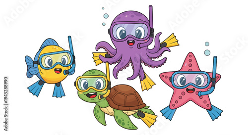 Cute cartoon sea creatures with snorkeling gear ready for underwater adventure