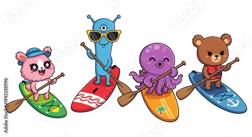 Cute cartoon characters paddleboarding together on a sunny day