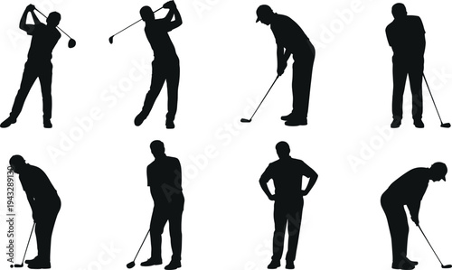 Eight Silhouette Golfers in Various Poses on White Background Keywords: golfer, golf, silhouette, sport, swing, putting, driving