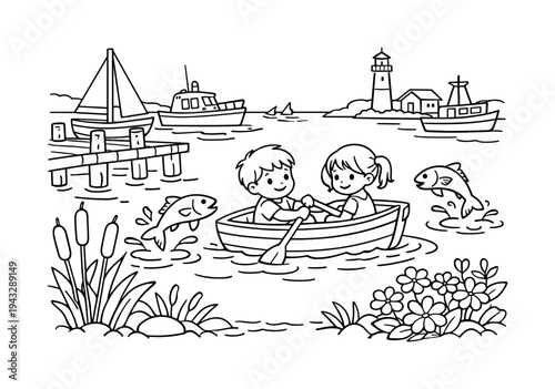 Harbor boats scene with kids rowing a tiny boat near the dock, fish jumping from the water, flowers and reeds along the shore,