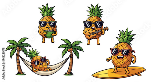Cute cartoon pineapples enjoying summer vacation activities with sunglasses and tropical drinks