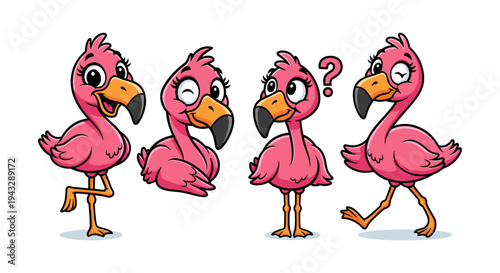 Cute cartoon flamingos in various poses and expressions, perfect for children's designs