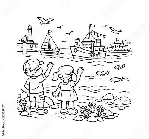 Children exploring a bustling harbor, waving at boats with flags, seagulls and small fish in the water, flowers and rocks along