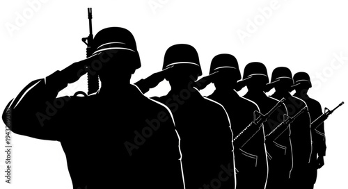 Silhouetted Soldiers Saluting in Formation.