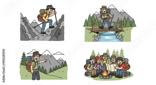 Cartoon hikers enjoying various outdoor adventures in mountains and forests
