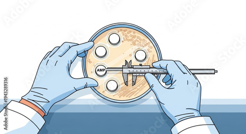 Expert hands in clinical pathology precisely measuring zones of inhibition on an agar plate to assess antimicrobial resistance, critical for medical diagnostics