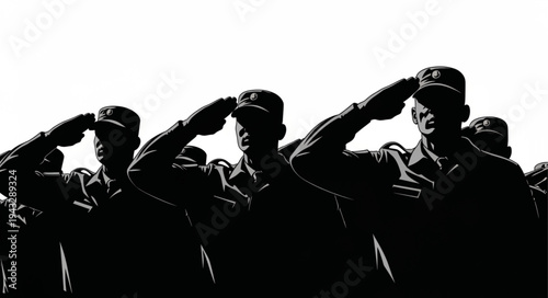 Silhouetted Soldiers Saluting in Unison.