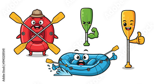 Cute cartoon rafts and paddles with expressive faces for adventure and water sports