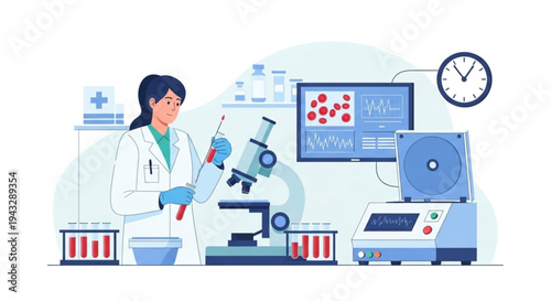 Illustration of a scientist performing clinical pathology tests in a laboratory setting with advanced equipment