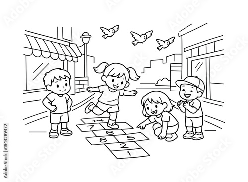 City street scene with kids playing hopscotch on the sidewalk, buildings and shop windows in the background, birds flying
