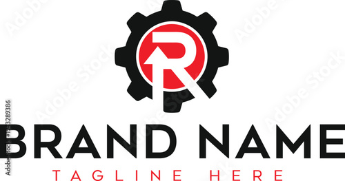 Engineering brand logo design with gear and letter r