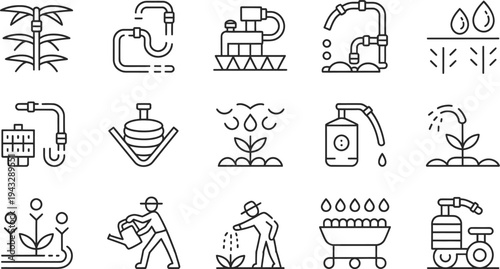 Set of 16 agriculture icons vector, farming and irrigation symbols