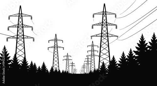 Electricity pylons and power lines receding into the distance through a forest transmission tower high voltage
