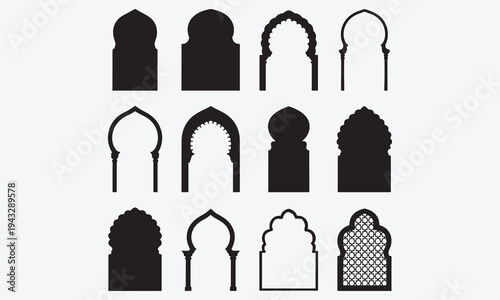 Islamic window shapes. Oriental Arabic arches silhouettes. Muslim culture decorative architecture mosque gate