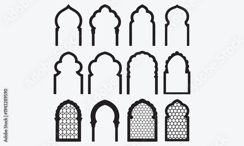 Islamic window shapes. Oriental Arabic arches silhouettes. Muslim culture decorative architecture mosque gate