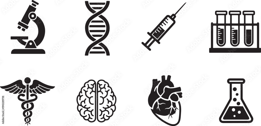 Naklejka premium A set of vector line art silhouettes depicting various medical and scientific symbols and icons.