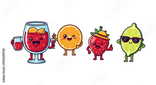 Cute cartoon fruits and drink characters having fun together on white background