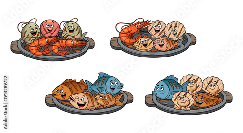 Cute cartoon seafood dishes with happy faces on serving platters