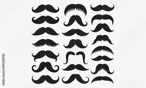 Mustache. Black silhouettes hipster mustache. Flat men whisker icons. Variation mustache styles, symbols, facial hair. Gentleman look. Barbershop elements